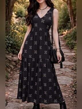 Universal Thread Black Fairy Grunge Maxi Dress Floral Sleeveless L Whimsigoth